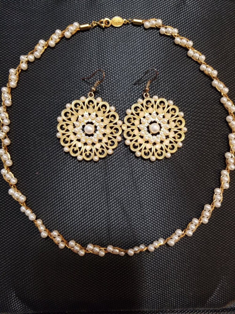 Antique Napier Faux-Pearl Braided-Gold-Tone Necklace with Earring Pair to Match